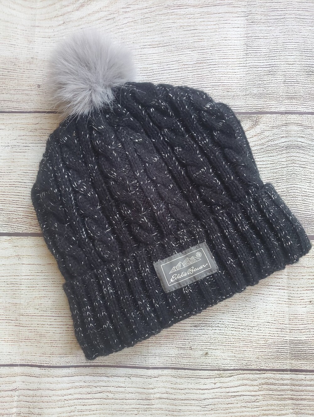 Eddie Bauer Black Cable Knit Pom Beanie NWOT
